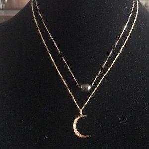 Double necklace Tahitian pearl and moon charm